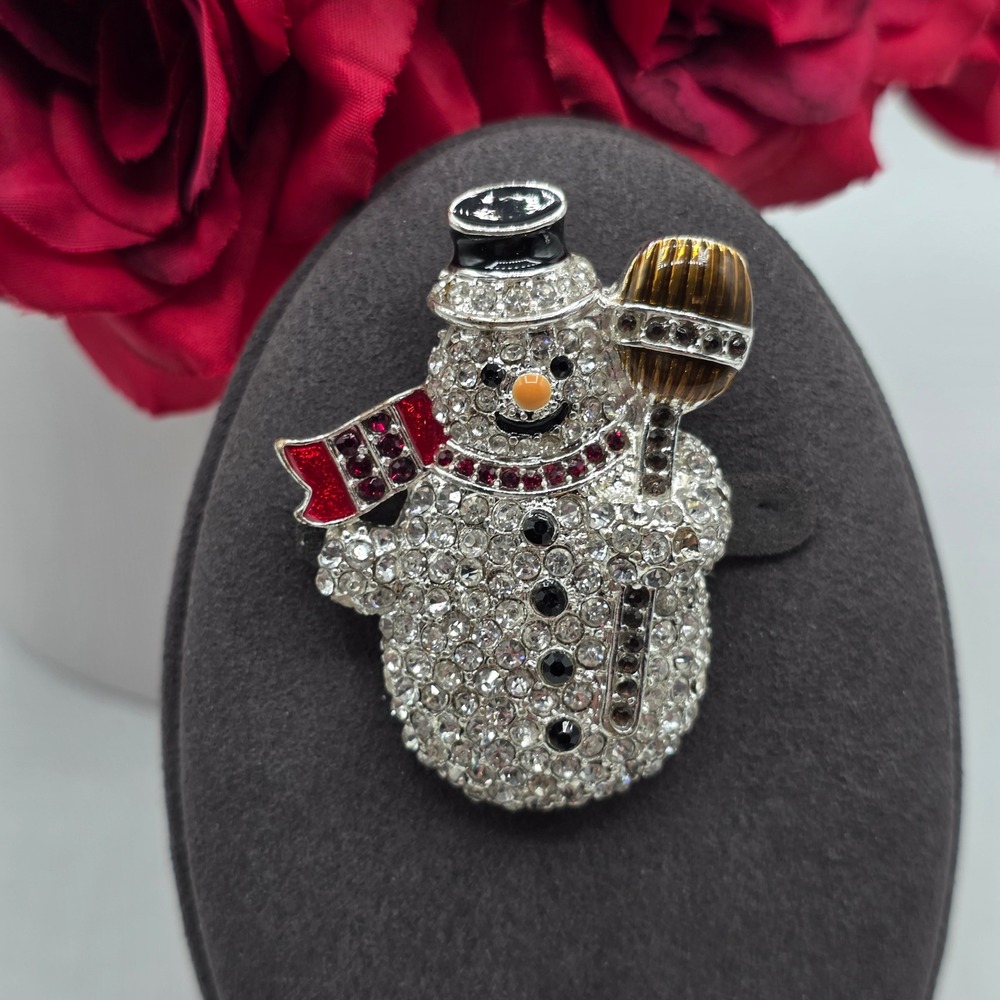 Accesocraft NYC Vintage Rhinestone Snowman Brooch Enamel Holiday Pin Silver Tone